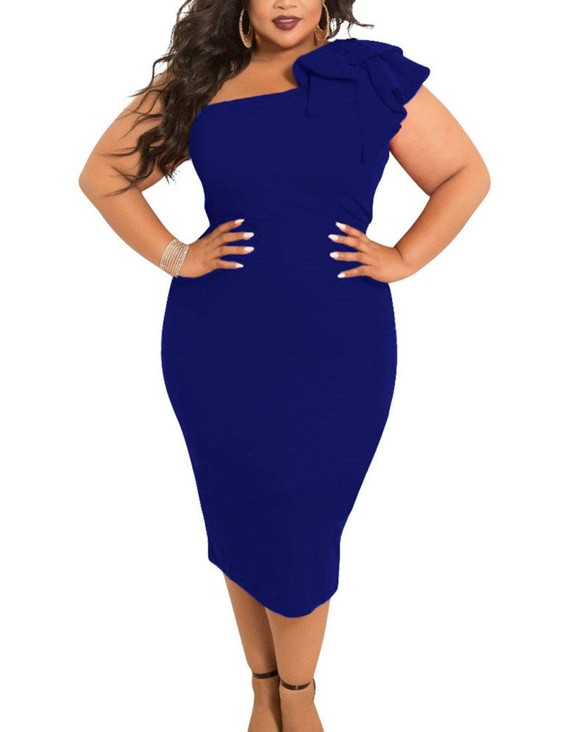 Mokoru Women's Sexy Ruffle One Shoulder Bodycon Elegant Cocktail Party Midi Dresses, Medium, Dark Blue - Image 4